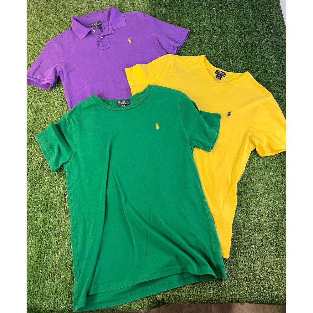 Lot of 3 Polo Ralph Lauren Kids Large 14-16 Shirts Purple Yellow Green Tee Polo